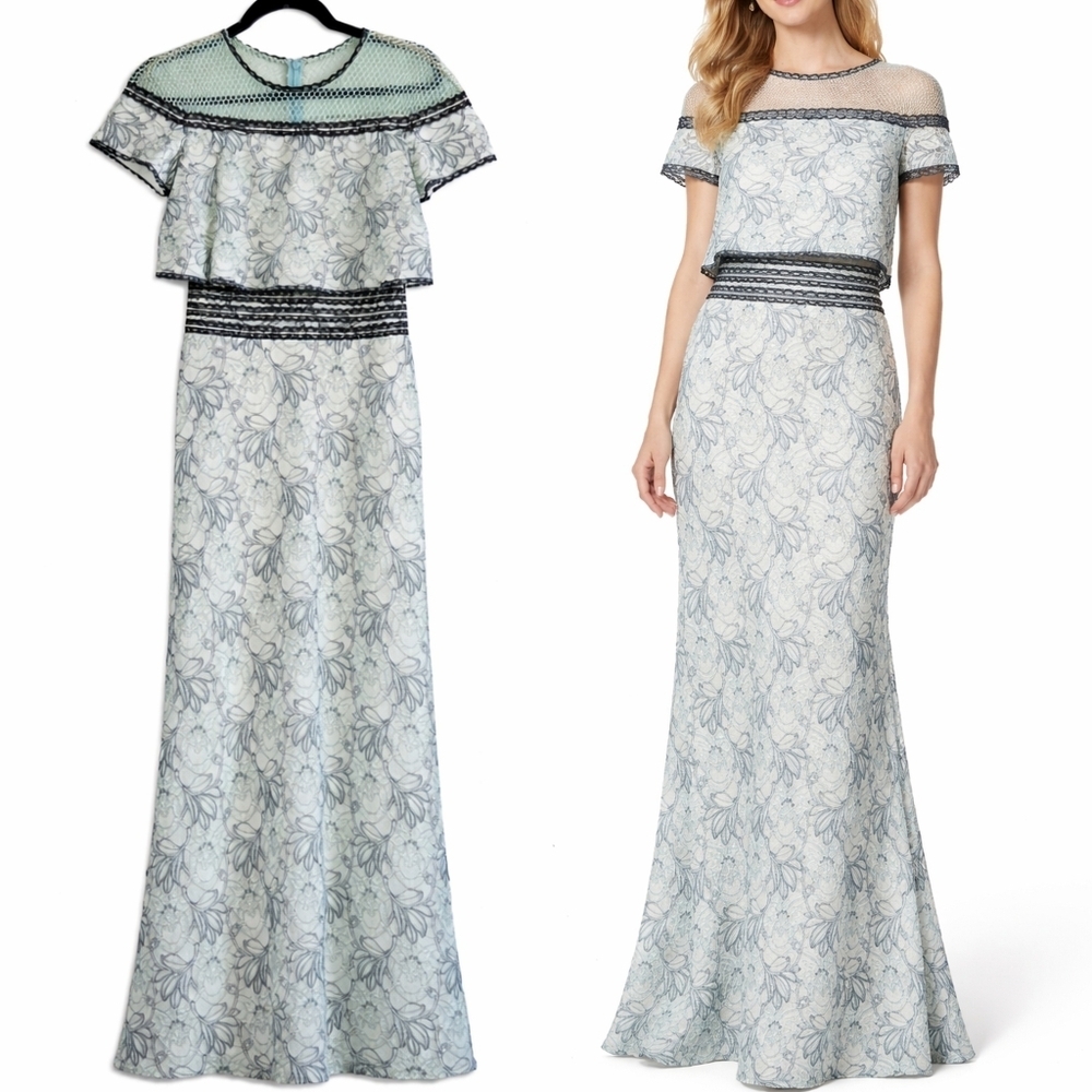 Tadashi Shoji Illusion Floral Lace Chiffon Crop Top Mother of Bride Gown 0